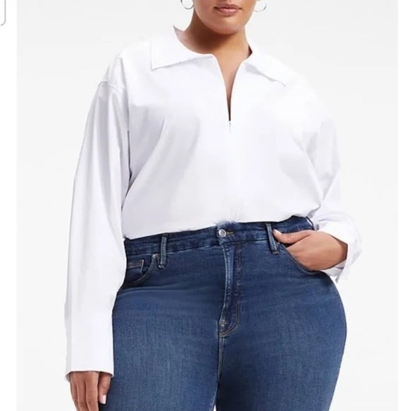Good American Tops - Good American Pointed Collar Poplin Neck Long Sleeve Zip Front Bodysuit Size 6